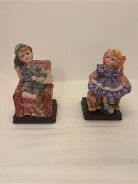 Painted Resin Child Figurines Set of 2 Boy & Girl Seated on Chairs Bases